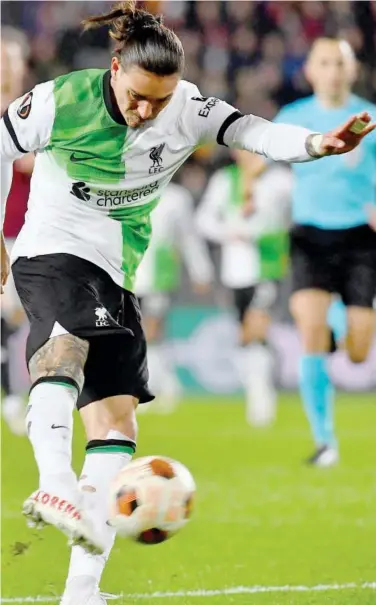  ?? Agence France-presse ?? Liverpool’s Darwin Nunez scores against Sparta Praha during their Europa League match in Prague.
