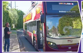  ??  ?? Open-top bus tour: James Corden (top deck) collects Harry