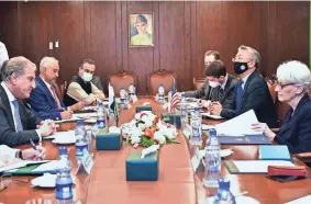  ?? MINISTRY OF FOREIGN AFFAIRS VIS AP ?? Deputy Secretary of State Wendy Sherman, right, meets with Pakistan Foreign Minister Shah Mahmood Qureshi, second from left, at the Ministry of Foreign Affairs in Islamabad.
