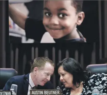  ?? Luis Sinco Los Angeles Times ?? IN ADDITION to passing a budget, the LAUSD board backed a plan to create a college savings account for every first-grader. Above, Supt. Austin Beutner talks with board President Monica Garcia last week.