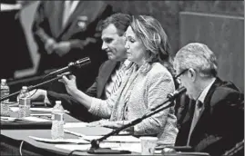  ?? TERRENCE ANTONIO JAMES/CHICAGO TRIBUNE ?? Margaret Houlihan Smith testifies at a 2017 Chicago City Council Aviation Committee hearing about United Airlines forcibly removing a passenger from a flight at O’Hare.