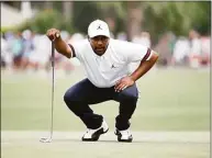  ?? Jared C. Tilton / Getty Images ?? Harold Varner III lines up a putt on the 16th green during Saturday’s third round of the RBC Heritage in Hilton Head Island, S.C.