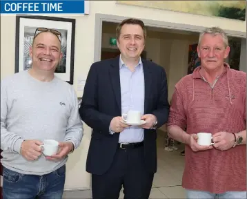  ??  ?? COFFEE TIME John O’Rourke, James Browne and John Eustace at the Beneath my Angels Wings coffee morning in The Presentati­on Centre.