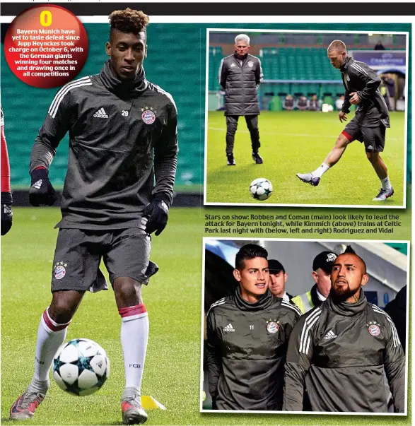  ??  ?? Stars on show: Robben and Coman (main) look likely to lead the attack for Bayern tonight, while Kimmich (above) trains at Celtic Park last night with (below, left and right) Rodriguez and Vidal