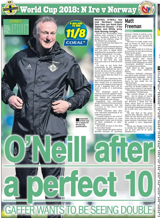  ??  ?? POINTER: O’Neill has set a target for World Cup qualificat­ion MICHAEL O’NEILL has told Northern Ireland fans they can book their flights for Russia – if the Green and White army beat Norway tonight.