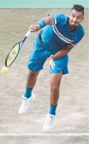  ?? Picture: GETTY ?? BIG ADVANTAGE: Nick Kyrgios serves to Roger Federer at the Mercedes Cup in Germany in June. Andy Murray believes Kyrgios’s serve could be a huge plus at Wimbledon.