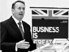  ??  ?? British Secretary of State for Internatio­nal Trade, Liam Fox delivers remarks on ‘The Future of UK Trade Policy’ at the American Enterprise Institute (AEI) in Washington, DC. — AFP photo