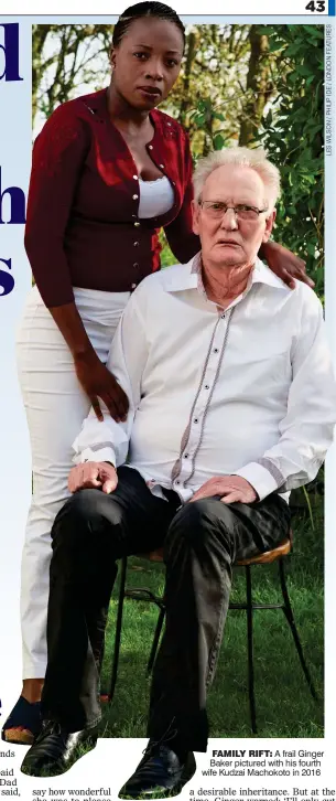  ??  ?? FAMILY RIFT: A frail Ginger Baker pictured with his fourth wife Kudzai Machokoto in 2016