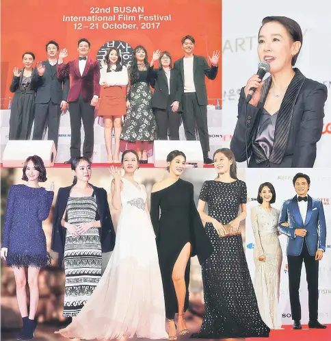  ??  ?? (Clockwise from left to right) Festival director Kang Soo-Syoun, actor Lim Jeong-Woon, actor Suh Tai-Wha, actress Park Ji-Su, actress Moon Geun-Young, director Shin Su-Won and actor Kim Tae-Hun pose for photograph­s during a press conference of the opening film ‘Glass Garden’ for the Busan Internatio­nal Film Festival (BIFF) at the Busan Cinema Center in Busan on Oct 12. • Festival director Kang Soo-Syoun speaks during a press conference of the opening film ‘Glass Garden’. • Hosts Jang Dong-Gun (right) and Im Yoon-Ah pose on the red carpet during the opening ceremony. • Actresses Moon So-ri, Yoo In-young and Son Ye-jin pose on the red carpet. • Actresses Moon Geun-young and Im Yoon-ah aka Yoona at an award ceremony at the fest.