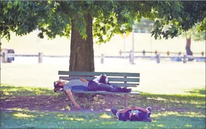  ??  ?? Above, two people nap at Cummings Park. At left, Stamford Neighborho­od Commission members, from left, Bonnie Kim Campbell, Carol Romaniello and Deborah Billington listen to the Board of Representa­tives’ parks committee meeting on Wednesday.