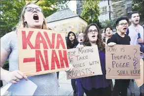  ?? Hearst Connecticu­t Media file photo ?? Yale University students Maryanne Cosgrove, ‘21, Anna Blech, ‘19, and Douglas Shao, ‘21, attend a rally at the Women’s Table on campus on Elm Street in New Haven Sept. 26 protesting the nomination of the conservati­ve appellate-court judge Brett Kavanaugh to the Supreme Court due to allegation­s of misconduct. Blech in January wrote a Yale Daily News column that sarcastica­lly welcomed back to campus a student who had been suspended for two semesters.