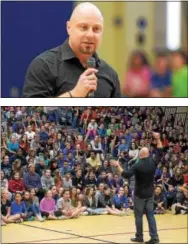  ??  ?? Marc Hayford, of Glenmoore, a motivation­al speaker for schools, sports teams and businesses, who is also a former pro wrestling referee with the WWE, a veteran of the armed forces, owner of a local DJ company, spoke to the Marsh Creek Sixth Grade...