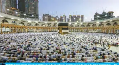  ?? — AFP ?? MAKKAH: Pilgrims perform prayers around the Kaaba in the Grand Mosque yesterday, prior to the start of the annual hajj pilgrimage.