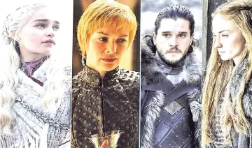  ??  ?? ‘Game of Thrones’ finale: Who will sit on the Iron Throne? These are the top contenders to be in the big chair when the music stops. (Left-Right) Daenerys Targaryen (Emilia Clarke), Cersei Lannister (Lena Heady), Jon Snow (Kit Harrington) and Sansa Stark (Sophie Turner).