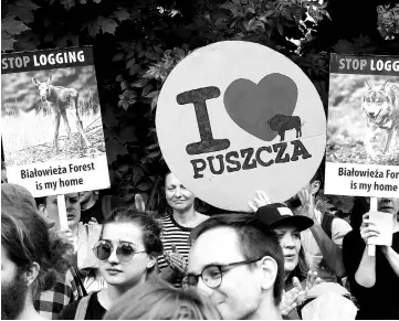  ??  ?? People take part in a demonstrat­ion against massive logging in Bialowieza primeval forest (Puszcza), in Krakow, Poland, on July 4 in front of congress hall where the 41st session of the World Heritage Committee takes place. Polish Environmen­t Minister...