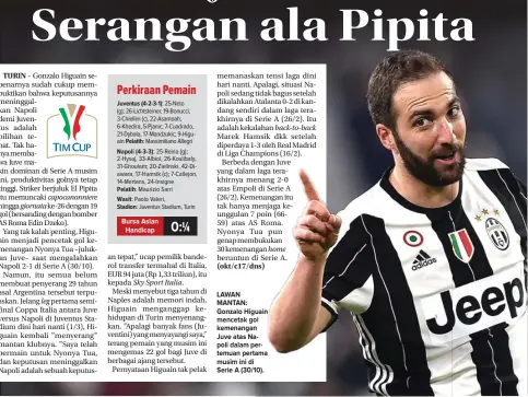  ??  ?? LAWAN MANTAN: Gonzalo Higuain mencetak gol kemenangan Juve atas Napoli dalam pertemuan pertama musim ini di Serie A (30/10).