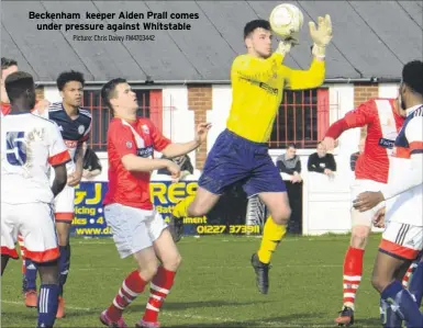  ?? Picture: Chris Davey FM4703442 ?? Beckenham keeper Aiden Prall comes under pressure against Whitstable