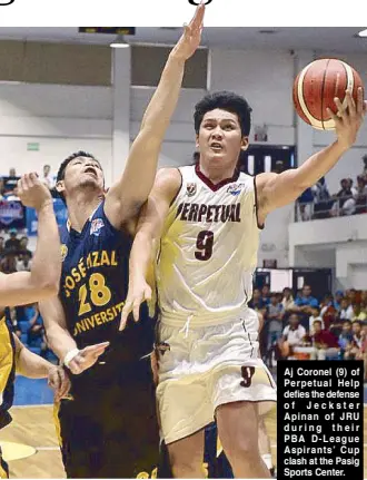  ??  ?? Aj Coronel (9) of Perpetual Help defies the defense of Jeckster Apinan of JRU during their PBA D-League Aspirants’ Cup clash at the Pasig Sports Center.
