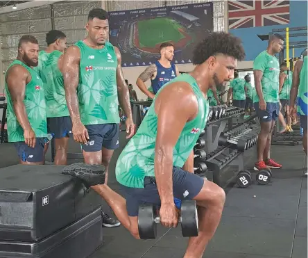  ?? Photo: Waisea Nasokia ?? Fijian Drua lock Isoa Nasilasila training at the Drua home base in Legalega, Nadi while Raikabula Momoedonu looks on, on January 20, 2023.