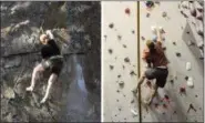  ?? CHRISTOS MOUSAS — DARTMOUTH COLLEGE VIA AP ?? In this combo of images from video provided by Dartmouth College, a climber ascends an outdoor rock face, left, on in Rumney, N.H., and another climber ascends a replica indoor climbing wall, right, on in Hanover, N.H.