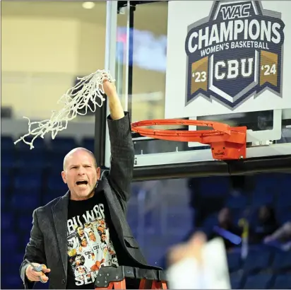  ?? WILL LESTER — STAFF PHOTOGRAPH­ER ?? CBU coach Jarrod Olson celebrates after defeating UT Arlington to give the Lancers at least a share of the WAC title earlier this month.