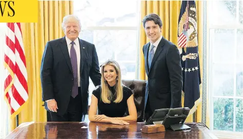  ?? @IVANKATRUM­P / TWITTER ?? A photo posted to Twitter by Ivanka Trump shows her sitting in the president’s chair flanked by her father, President Donald Trump, and Prime Minister Justin Trudeau. “A great discussion with two world leaders about the importance of women having a...