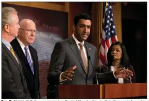  ?? (AP/Jose Luis Magana) ?? Rep. Ro Khanna, D-Calif., accompanie­d on Capitol Hill earlier this month by Democratic lawmakers (from left) Sens. Chris Van Hollen of Maryland and Patrick Leahy of Vermont and Rep. Pramila Jayapal of Washington, speaks about a measure to limit President Donald Trump’s ability to take military action against Iran.