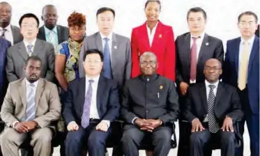  ??  ?? UNZA Vice-Chancellor, Prof. Luke E. Mumba (2nd right), Jilin Agricultur­al University President, Prof. Feng Jiang (2nd left), UNZA Registrar, Mr Sitali Wamundila (left) and Dean, School Agricultur­al Sciences, Dr Benson Chi