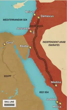  ??  ?? A map indicates key locations during the 1916–18 “Arab Revolt” against the Ottoman Empire.