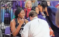  ?? AP-Richard Shiro ?? South Carolina head coach Dawn Staley (right) checks on Aliyah Boston while a trainer tends to Boston after an injury on Sunday.