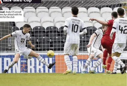  ??  ?? Goal Andy O’Connell fires Ayr ahead with his first for the club