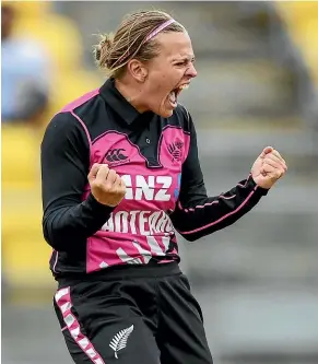  ?? PHOTOSPORT ?? Lea Tahuhu inspired New Zealand’s victory over India with a spell of 3-20 in the first T20 match at Westpac Stadium in Wellington yesterday.