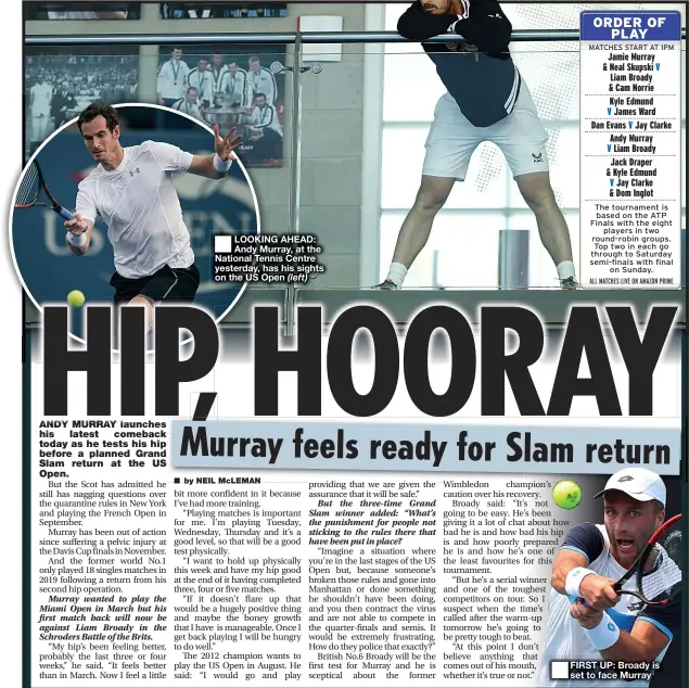  ??  ?? ■
LOOKING AHEAD: Andy Murray, at the National Tennis Centre yesterday, has his sights on the US Open (left)
FIRST UP: Broady is set to face Murray