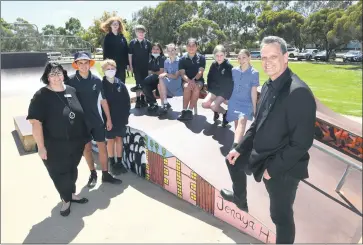  ?? Picture: PAUL CARRACHER ?? YOUNG VOICES: Western Victorian upper house parliament­arian Andy Meddick, right, and Yarriambia­ck Shire Council mayor Kylie Zanker, speak with year-seven Murtoa College students advocating for a new skate park at Rabl Park.