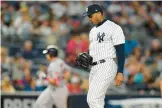  ?? FRANK FRANKLIN II /AP ?? Yankees relief pitcher Aroldis Chapman, who missed six weeks on the injured list, has a career-high 4.81 ERA this season and has walked 17 batters in 24 ⅓ innings pitched.