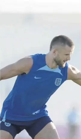  ?? ?? ↑ Harry Maguire tries to evade the attentions of fellow defender Eric Dier during an England training session yesterday as they prepare for tonight’s World Cup match against the United States