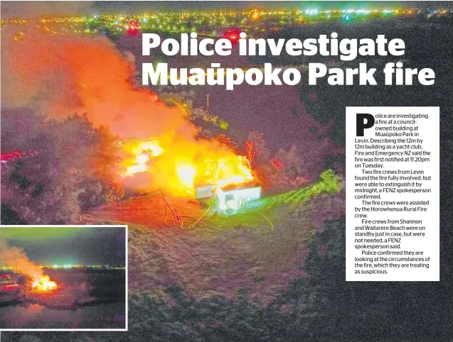  ?? ?? The fire inside the councilown­ed building at Muau¯ poko Park in Levin, on the shore of Lake Punahau/ Horowhenua was fully involved by the time firecrews got there.