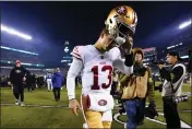  ?? CHRIS SZAGOLA — THE ASSOCIATED PRESS ?? San Francisco 49ers quarterbac­k Brock Purdy leaves the field after the NFC Championsh­ip game against the Philadelph­ia Eagles on Sunday in Philadelph­ia.