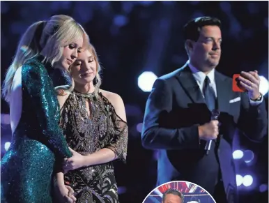  ??  ?? Chloe Kohanski, left, and Addison Agen embrace as host Carson Daly prepares to announce the winner of Season 13 of “The Voice.” PHOTOS BY NBC