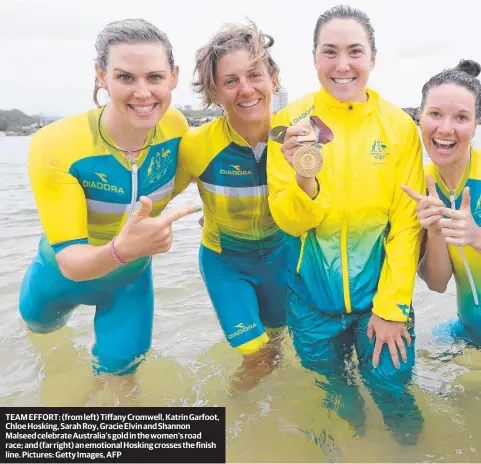  ?? Pictures: Getty Images, AFP ?? TEAM EFFORT: (from left) Tiffany Cromwell, Katrin Garfoot, Chloe Hosking, Sarah Roy, Gracie Elvin and Shannon Malseed celebrate Australia’s gold in the women’s road race; and (far right) an emotional Hosking crosses the finish line.