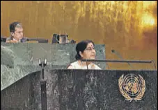  ?? PTI PHOTO ?? Foreign minister Sushma Swaraj addresses the UNGA.