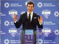  ?? Adam Hunger / Associated Press ?? New York Giants quarterbac­k Eli Manning announces his retirement in East Rutherford, N.J., on Jan. 24, 2020. Manning will have his jersey retired on Sunday when the Atlanta Falcons visit the Giants.