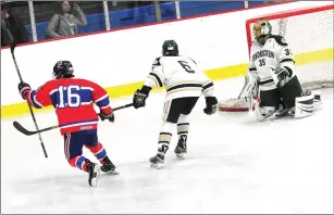  ?? File photo by Ernest A. Brown ?? Alex Pratt (16) and No. 4 Mount St. Charles face Smithfield in the Division I quarterfin­als, while Hendricken goalie Patrick Gribbin, from Lincoln, and the No. 2 Hawks meet No. 7 Cranston West.