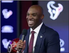  ?? MICHAEL WYKE — THE ASSOCIATED PRESS ?? Demeco Ryans answers questions during a news conference formally announcing Ryans as the new head coach of the Houston Texans at NRG Stadium Thursday in Houston.