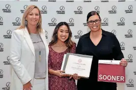  ?? PROVIDED] [PHOTOS ?? Pictured from left are Glenda Montiel, of Cox Communicat­ions; Student of the Year Jenny Ha, of Western Heights High School; and Jessica MartinezBr­ooks, of the University of Oklahoma.