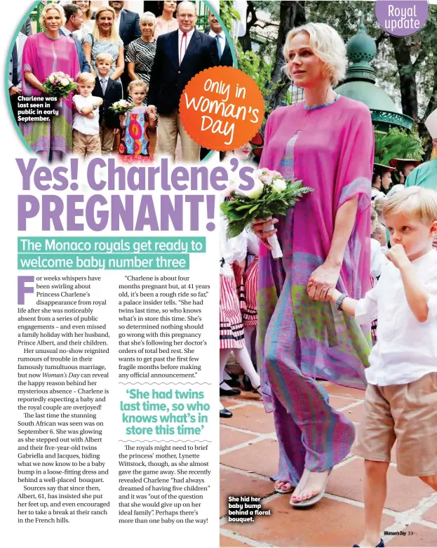  ??  ?? Charlene was last seen in public in early September. She hid her baby bump behind a floral bouquet.