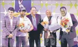  ?? SAMIR JANA/HT ?? (From left) Sourav Ganguly, Rohit Sharma, Mohd Azharuddin, Brian Lara and Carl Hooper at the 2nd Jagmohan Dalmiya Conclave at Eden Gardens on Friday.