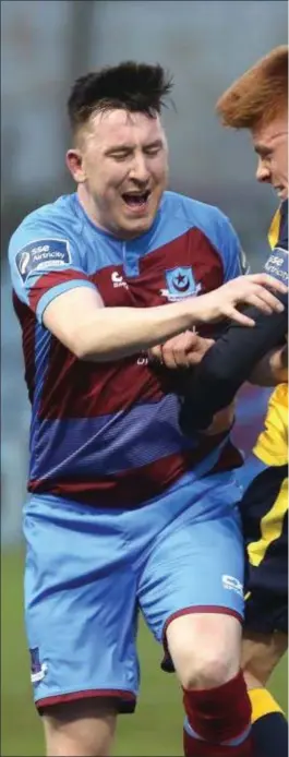  ??  ?? Sean Brennan’s stunning free kick secured three precious points for Drogheda United in Galway on Friday night.