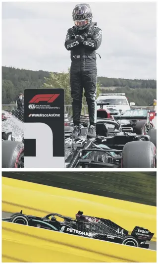  ??  ?? 0 Main picture, Lewis Hamilton celebrates with the trophy on the podium after winning the Belgian GP. Top, the Mercedes driver stands on his car after his victory and pays tribute to actor Chadwick Boseman, star of the movie Black Panther, who died at the weekend. Above, Hamilton on his way to his fourth victory in the race.