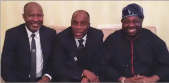  ??  ?? Dele Momodu with Rotimi Amaechi and Hadi Sirika during Buhari’s Presidenti­al campaign in London